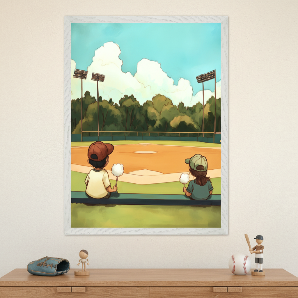 Kid's room with a light wooden dresser. A framed illustration of two children from behind, watching a baseball field, hangs centered above the dresser. Baseball-themed decor is on the dresser.
