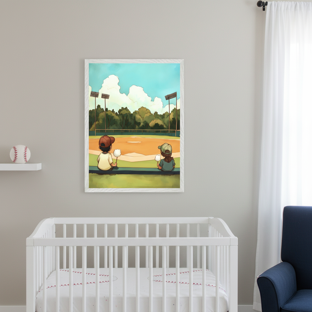Modern nursery with a white crib and a dark blue armchair. A framed illustration of two children watching a baseball game from behind hangs on the wall above the crib. A baseball rests on a white shelf.