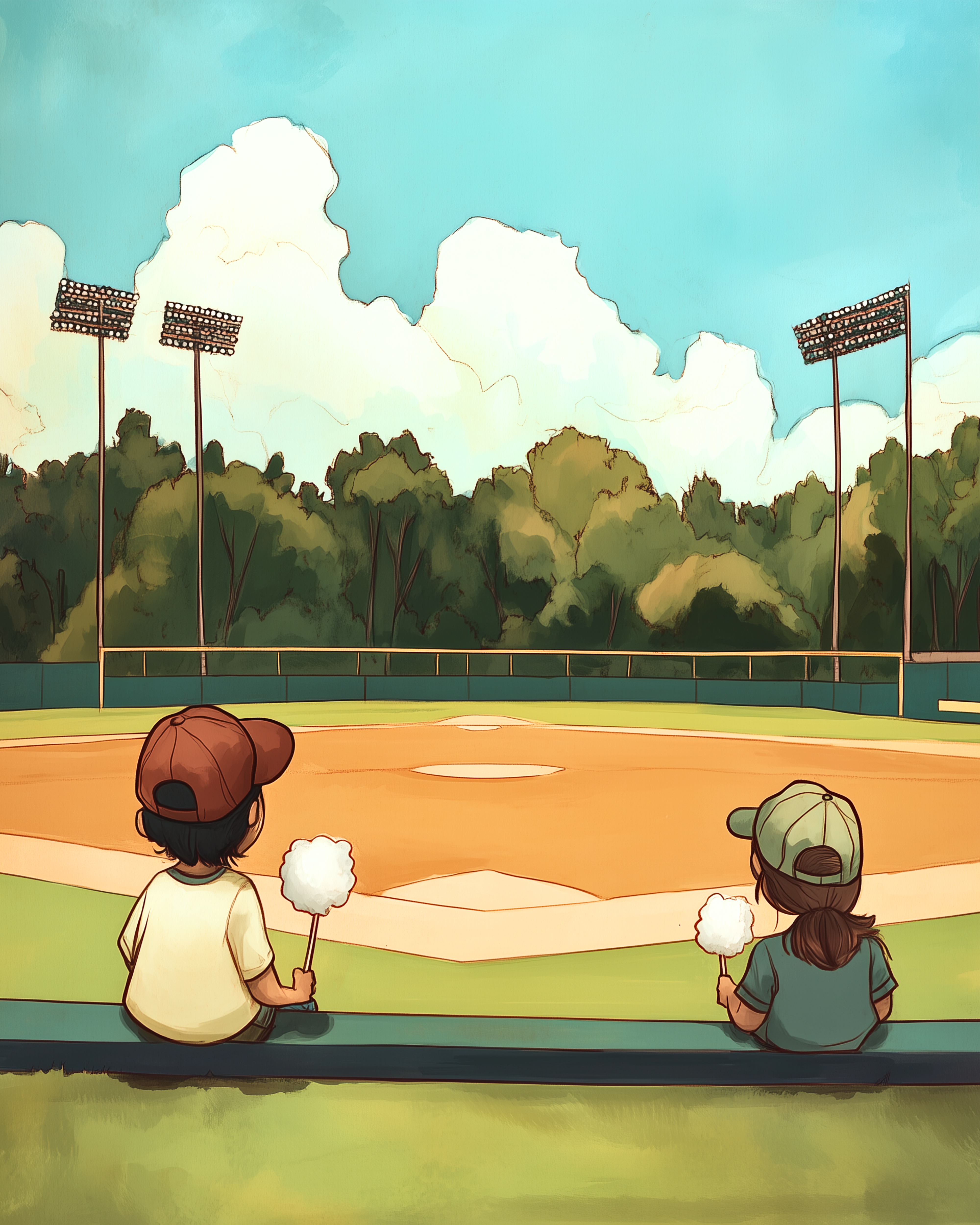 Two children in baseball caps sit on the bleachers with cotton candy, gazing at an empty baseball field under a sunny sky with big, fluffy clouds.
