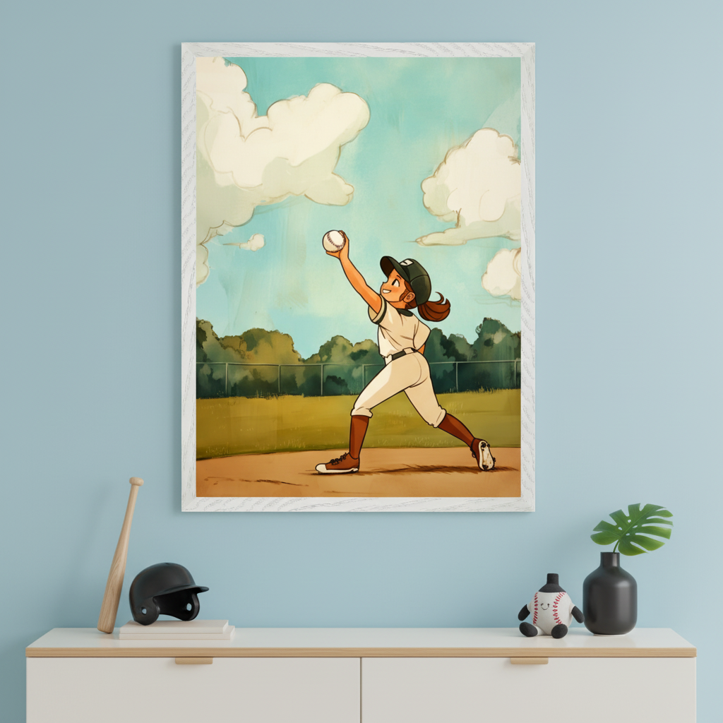 Modern room with a light blue wall and a white console. A large white-framed illustration of a girl in a baseball uniform pitching on a field under a cloudy sky hangs centered above the console. A baseball bat, helmet, and plush toy are on the console.