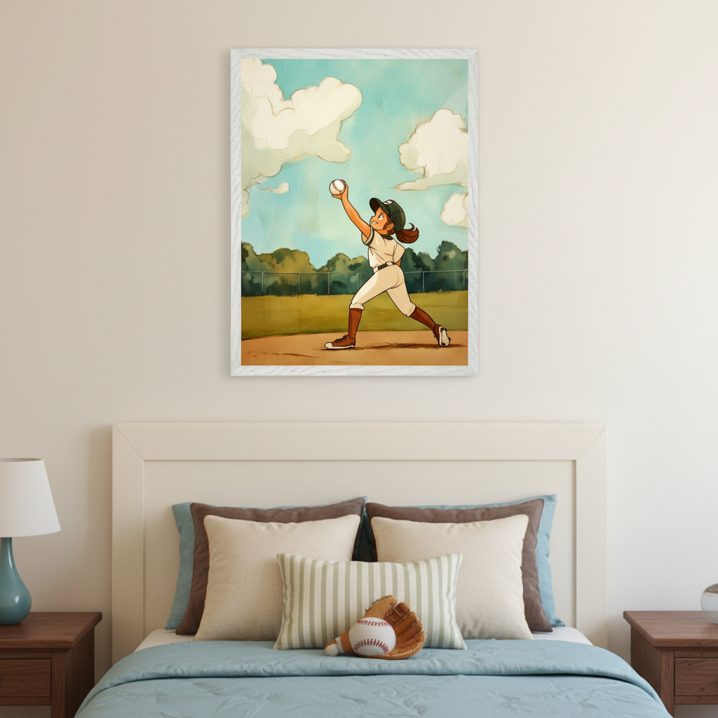 Kid's bedroom with a beige headboard bed and blue duvet. A white framed print of a cartoon girl in a baseball uniform throwing a ball on a field under a cloudy sky hangs centered above the bed. A baseball glove and ball rest on the bed.