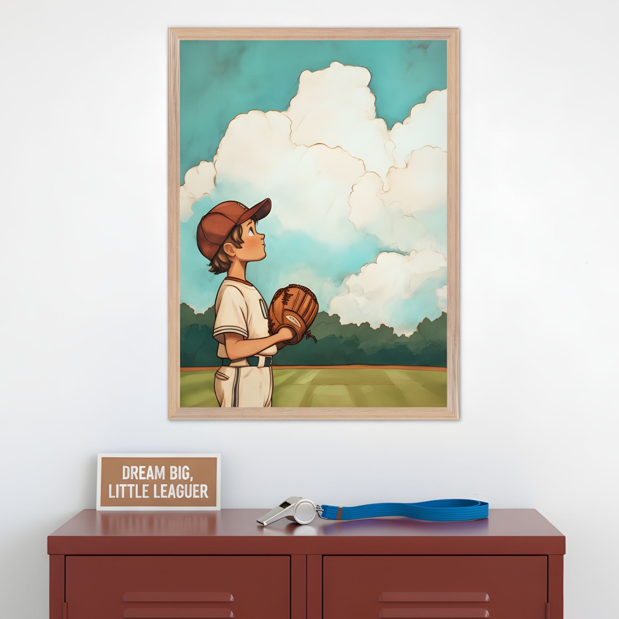 Framed artwork of a young baseball player in uniform standing on a field, gazing up at the sky with a glove in hand, set against towering clouds and a tree-lined horizon. Displayed above a red cabinet with a sign reading "DREAM BIG, LITTLE LEAGUER," a whistle, and a lanyard, the scene captures youthful ambition and love for the game.