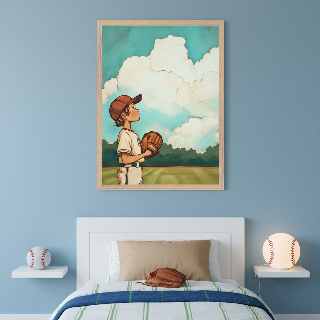 Kid's bedroom with a white bed and light blue walls. A framed illustration of a young boy in a baseball uniform holding a glove, looking up at clouds, hangs above the bed. White shelves flank the bed with a baseball and a baseball lamp.