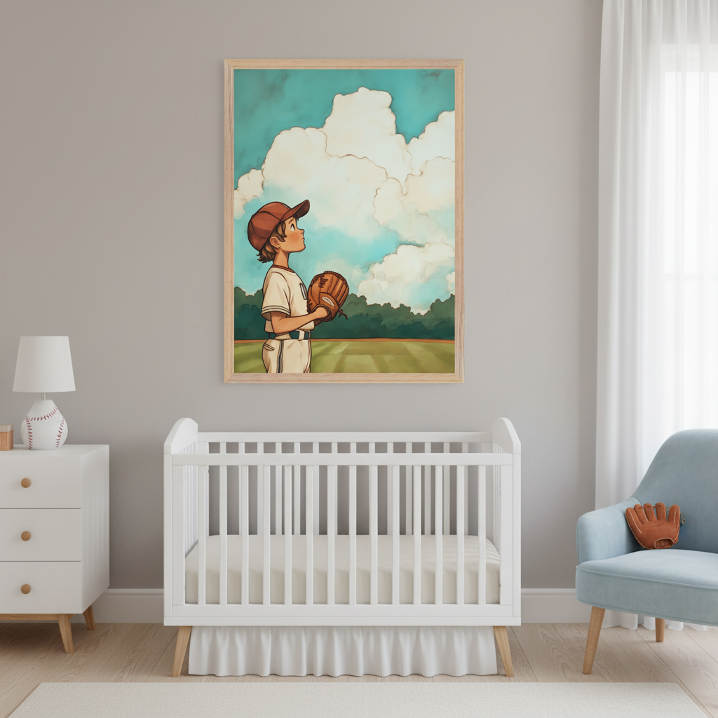 Modern nursery with a white crib, white dresser, and light blue armchair. A large framed print of an animated boy in a baseball uniform looking up at a cloudy sky hangs above the crib.