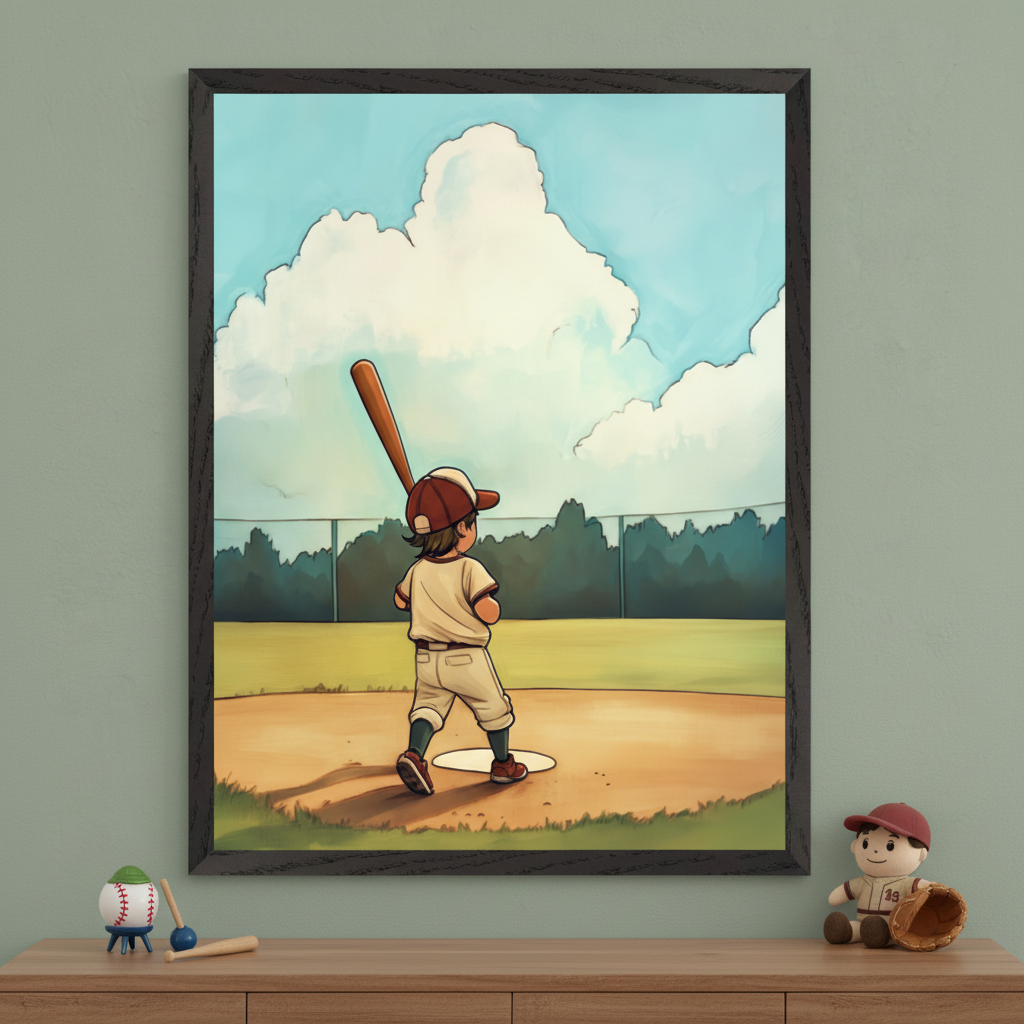 Kid's room with a sage green wall and a wooden dresser. A large framed illustration of a young boy batting on a baseball field hangs centered above the dresser. A baseball ornament and plush toy are on the dresser.