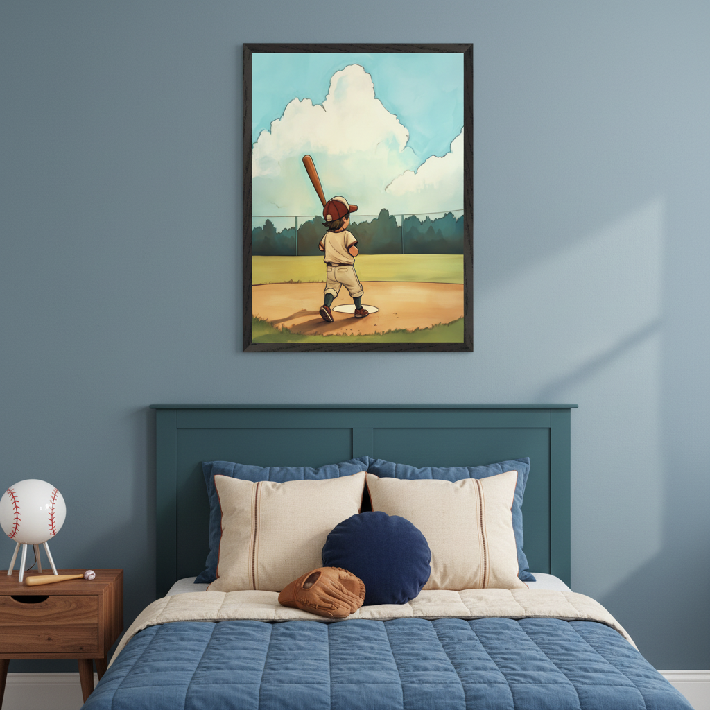 Kid's bedroom with a dark teal bed and a wooden nightstand. A large framed watercolor illustration of a child baseball player with a bat on a field hangs centered above the bed.