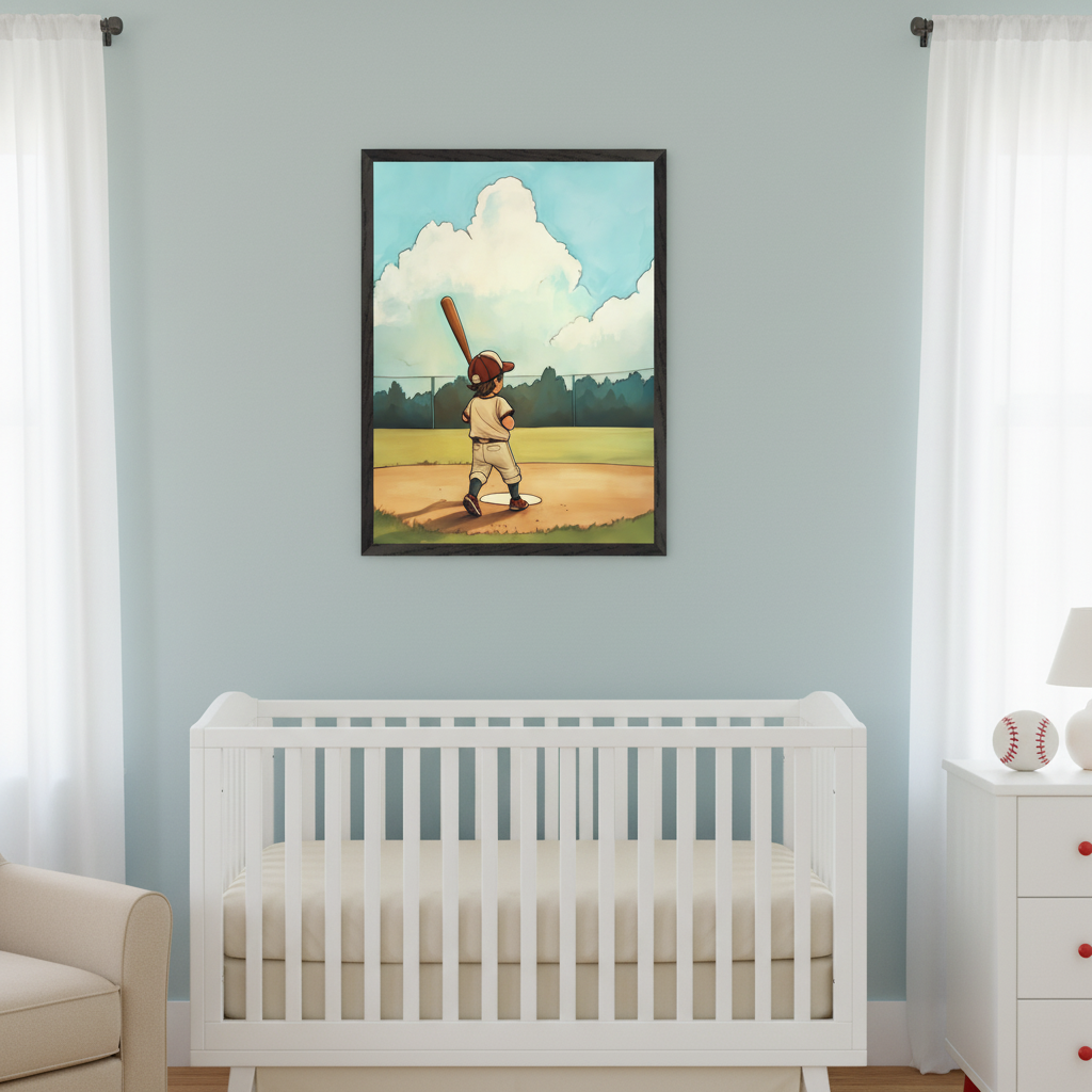 Modern nursery with a white crib against a light blue wall. A framed illustration of a child in a baseball uniform on a baseball field hangs centered above the crib. A beige armchair is on the left, and a white dresser with red knobs is on the right.