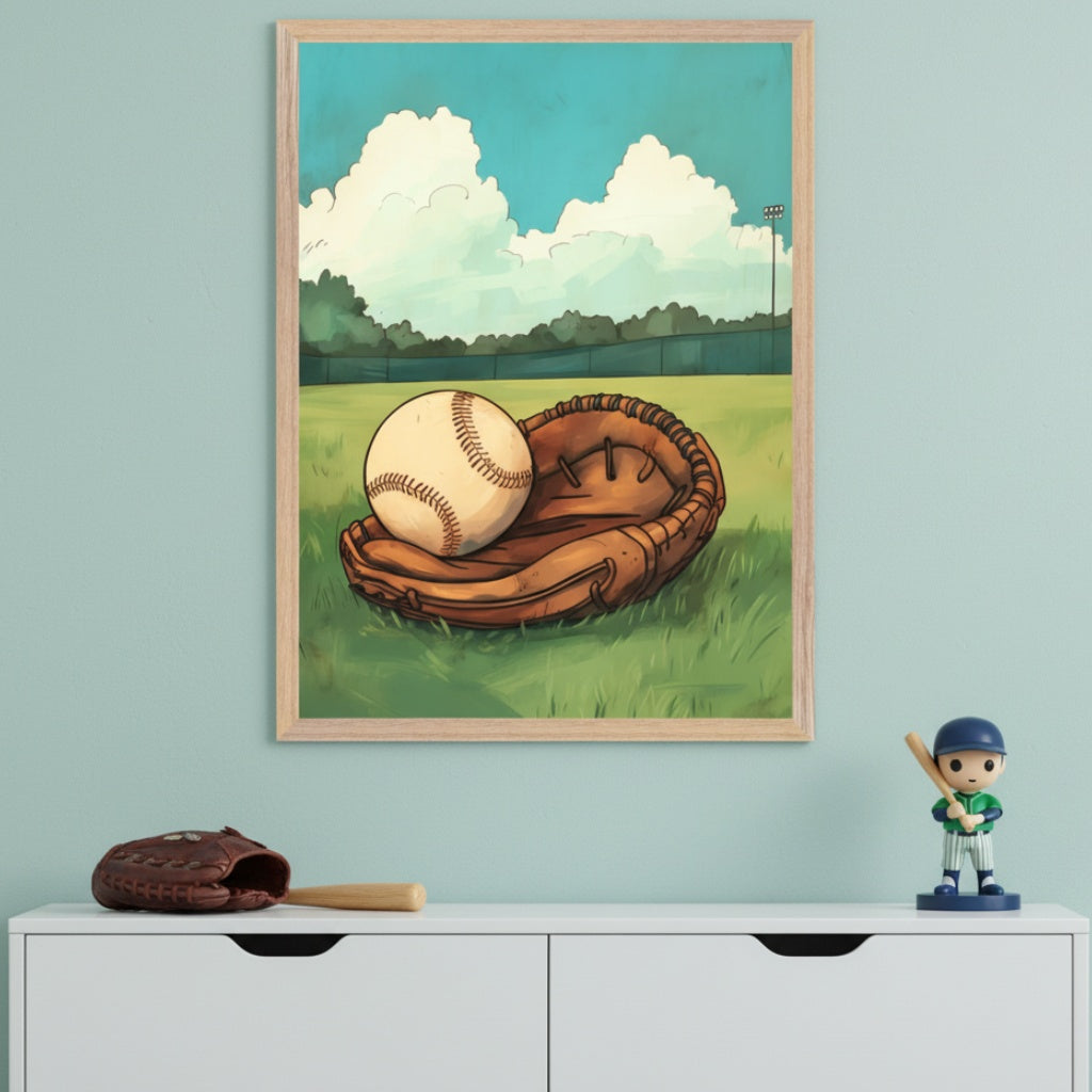 Kid's room with light blue walls and a white dresser. A framed illustration of a baseball and glove on a baseball field under a blue, cloudy sky hangs centered above the dresser. A miniature baseball glove, bat, and player figurine are on the dresser.