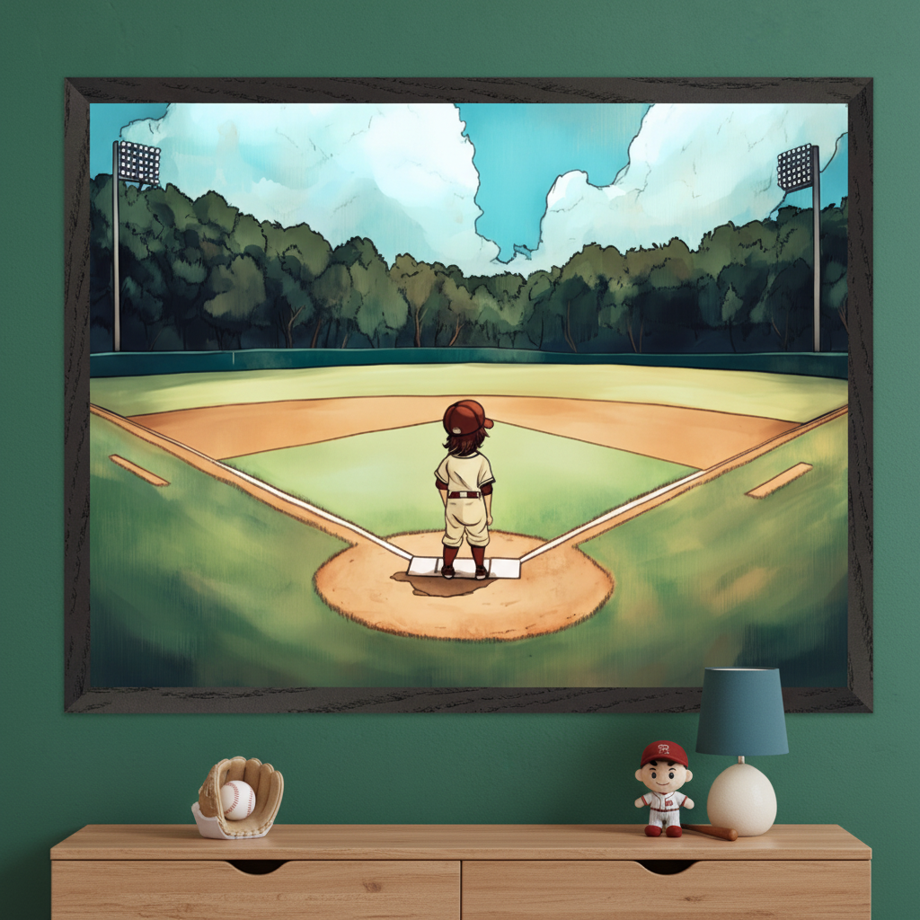 Kid's room with a green wall. A large framed illustration of a child in a baseball uniform on home plate, looking at the field, is centered above a wooden dresser. A baseball glove, player toy, and lamp are on the dresser.