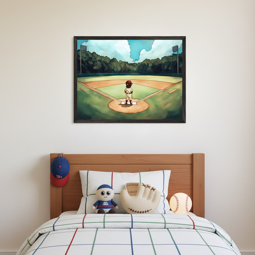 Kid's bedroom with a wooden bed. A framed cartoon illustration of a child in a baseball uniform on a pitcher's mound in a stadium hangs above the bed. A blue baseball cap, baseball plush toy, baseball glove pillow, and a baseball-shaped lamp are on the bed.