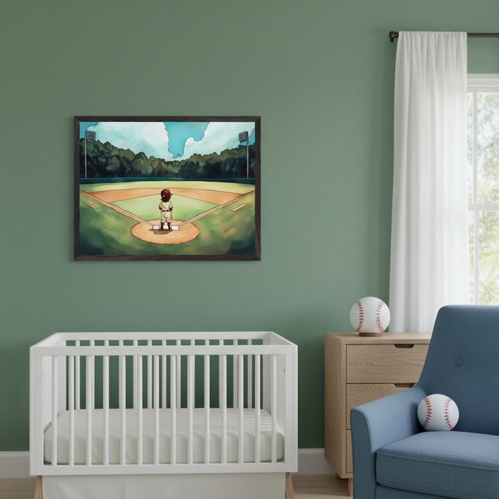 Modern nursery with a white crib, wooden dresser, and blue armchair. A large framed painted illustration of a child on a baseball field with stadium lights hangs centered above the crib.
