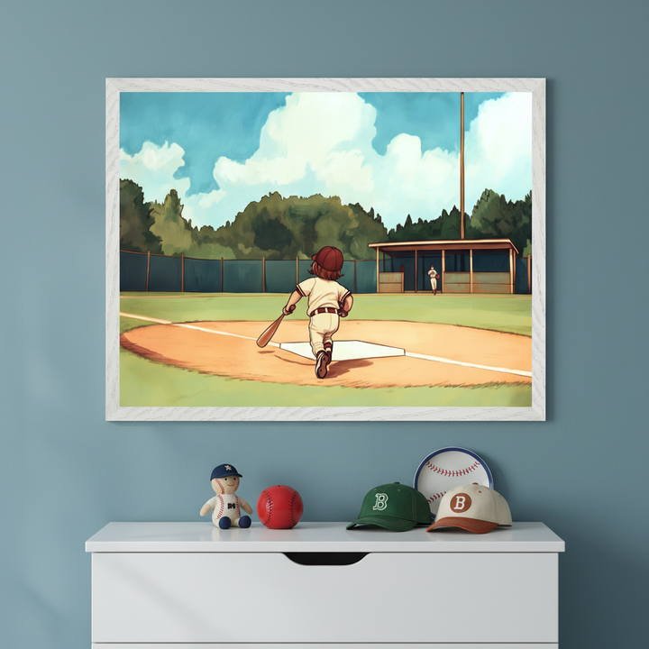 Kid's bedroom with a muted blue wall and white dresser. A large framed illustration of a child running on a baseball field with a bat hangs above the dresser. Baseball-themed decor sits on the dresser.