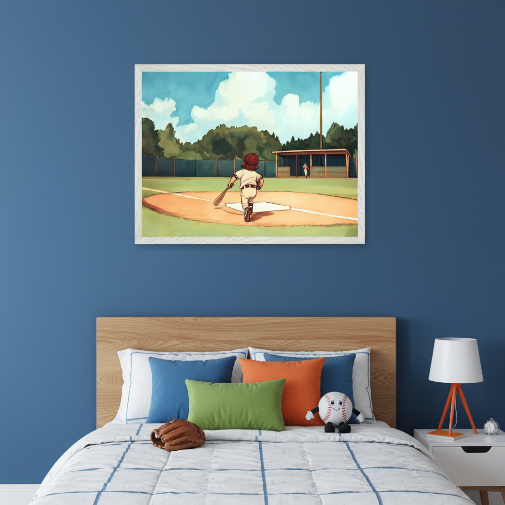 Kid's bedroom with a wooden bed against a blue wall. A framed illustration of a child in a baseball uniform running with a bat on a diamond hangs centered above the bed.