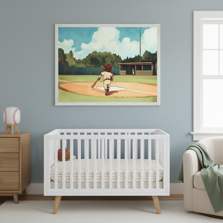 Modern nursery with a white crib, wooden dresser, and armchair. A large framed illustration of a child running with a bat on a baseball field hangs centered above the crib.