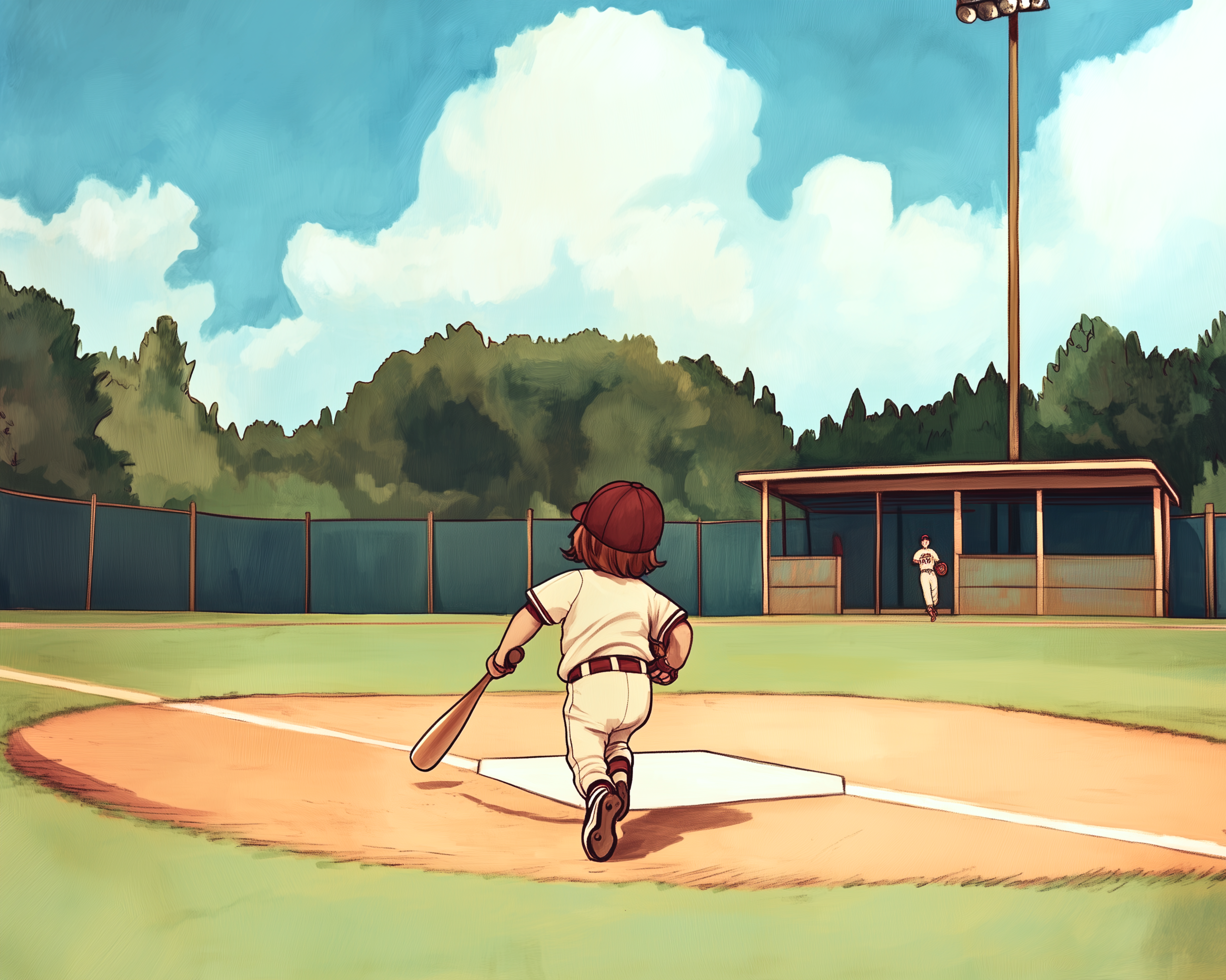 Young baseball player in full uniform runs from home plate toward first base, gripping a bat in one hand as a teammate watches from the dugout under a bright blue sky with scattered clouds.
