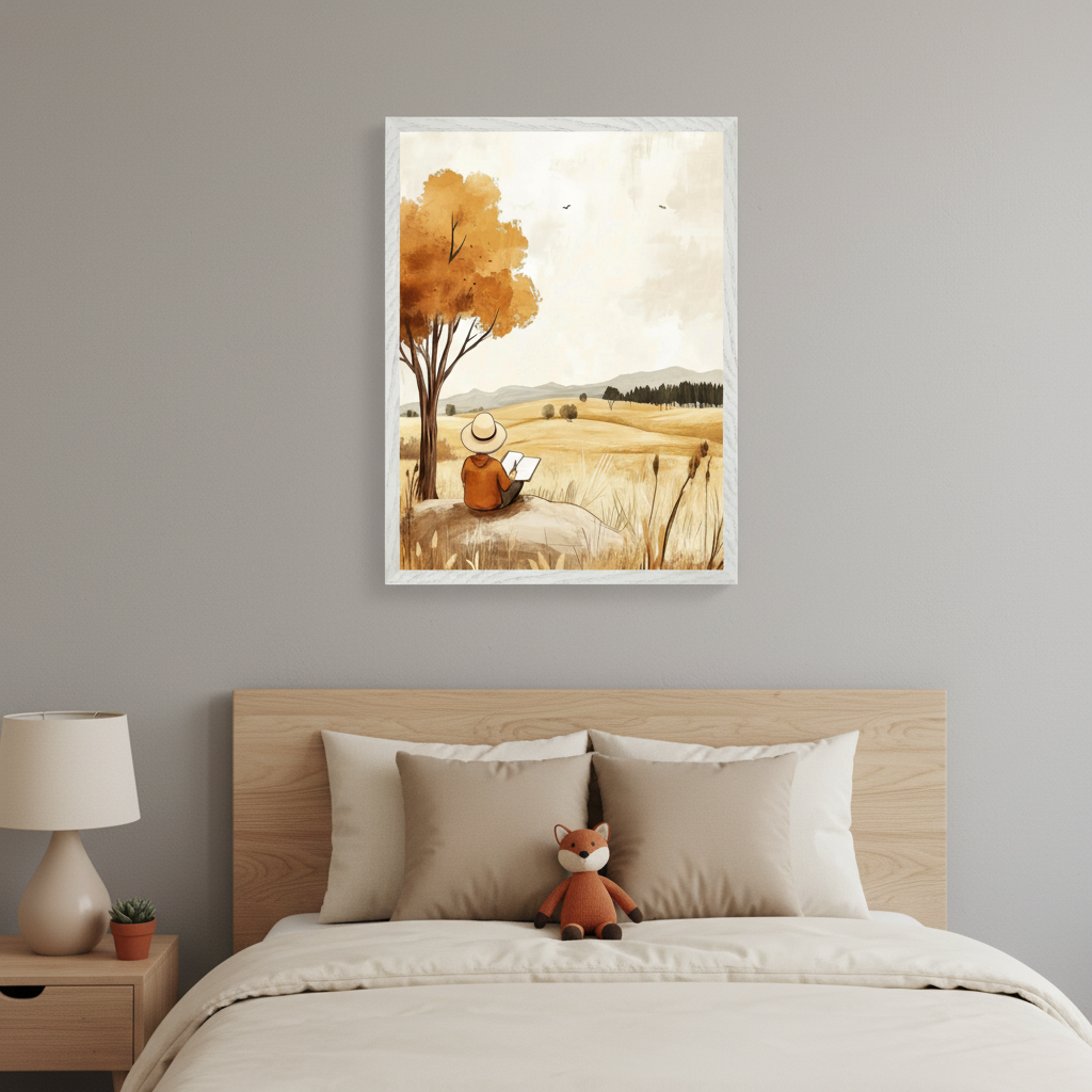 Modern bedroom with a wooden bed, light bedding, and a nightstand. A framed watercolor painting of a person reading under an autumn tree in a golden field hangs centered above the bed.