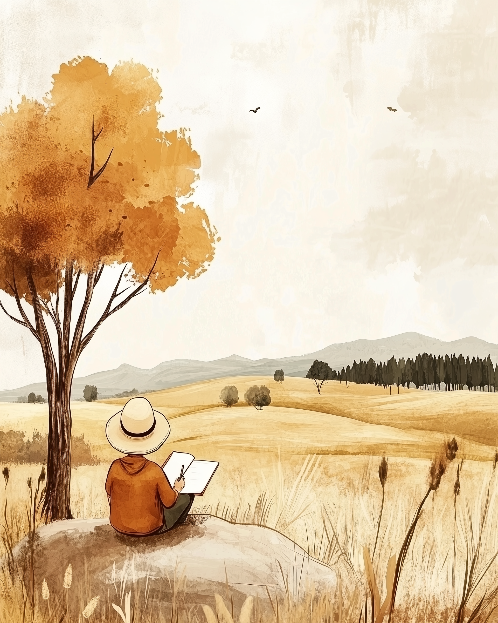A person in a wide-brim hat sits on a rock sketching in a notebook, shaded by an orange tree, while overlooking a peaceful, golden landscape of rolling hills.
