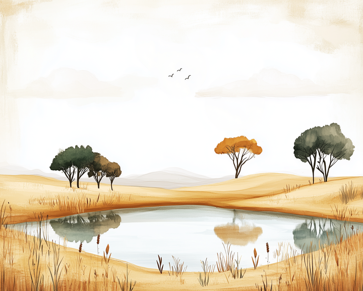 A serene waterhole reflects nearby golden grass and trees in muted orange and green tones, with a soft horizon of hills and birds in the sky.
