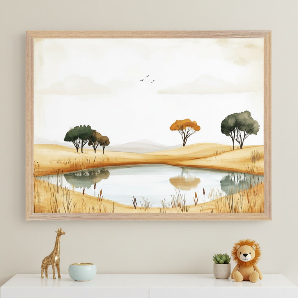 Kid's room with a white dresser. A large framed watercolor of a savanna landscape, showing a pond, trees, hills, and birds, hangs above it. A giraffe, bowl, plant, and lion toy are on the dresser.