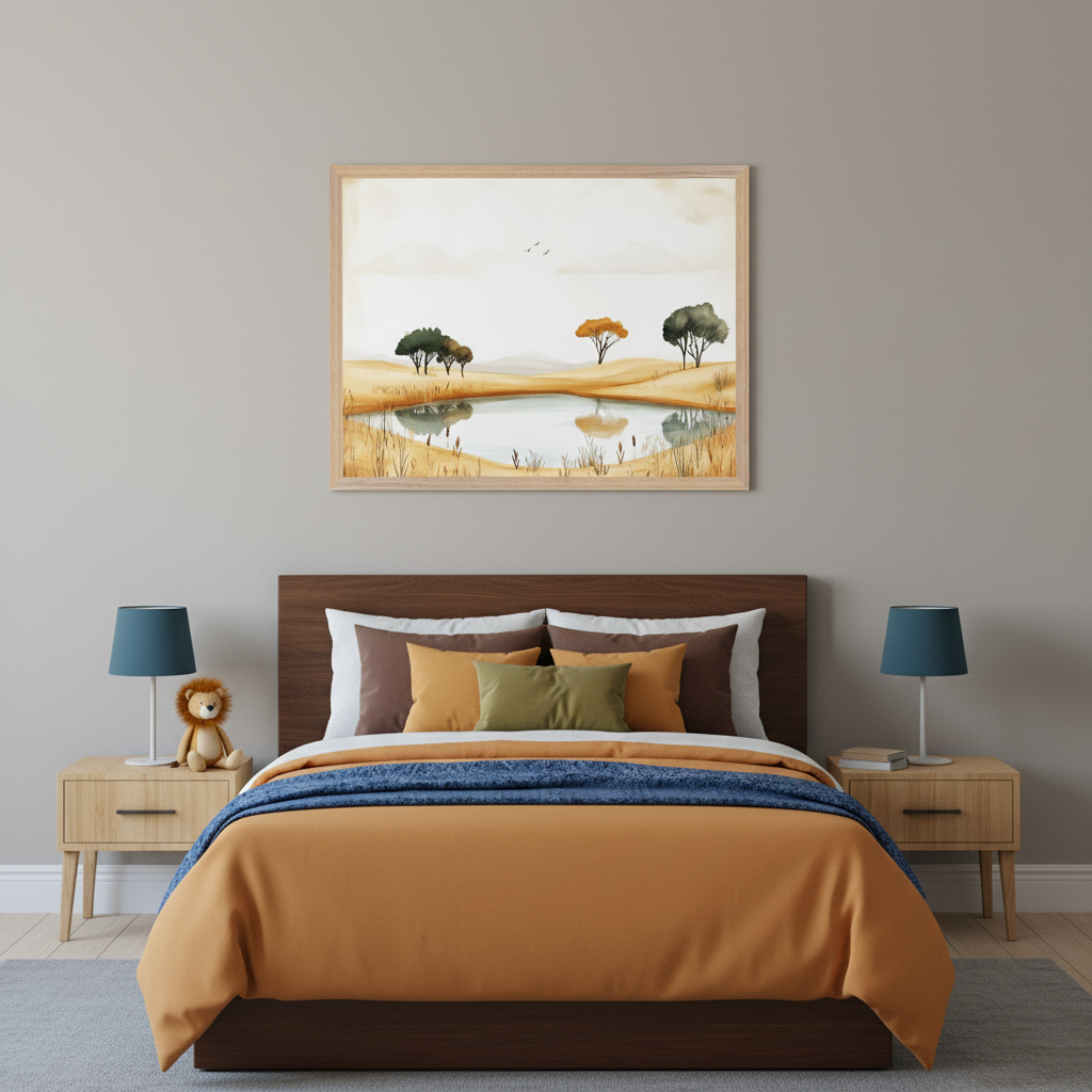 Modern bedroom with a dark wood bed and orange bedding. A framed watercolor savanna landscape with a pond and trees hangs centered above the bed. Two wooden nightstands with lamps flank the bed; one has a lion plushie.