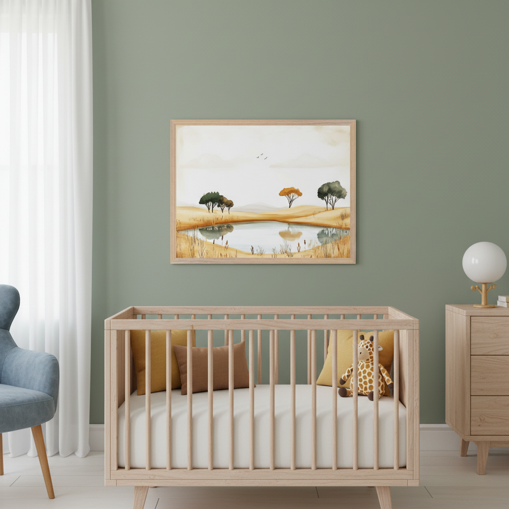 Modern nursery with sage green walls. A light wood crib is centered below a framed watercolor print of a savanna landscape with a lake, trees, and birds. A blue armchair is to the left, and a wooden dresser with a lamp is to the right.