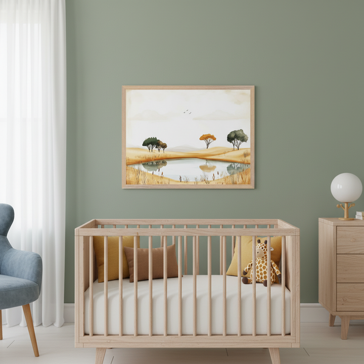 Modern nursery with sage green walls. A light wood crib is centered below a framed watercolor print of a savanna landscape with a lake, trees, and birds. A blue armchair is to the left, and a wooden dresser with a lamp is to the right.