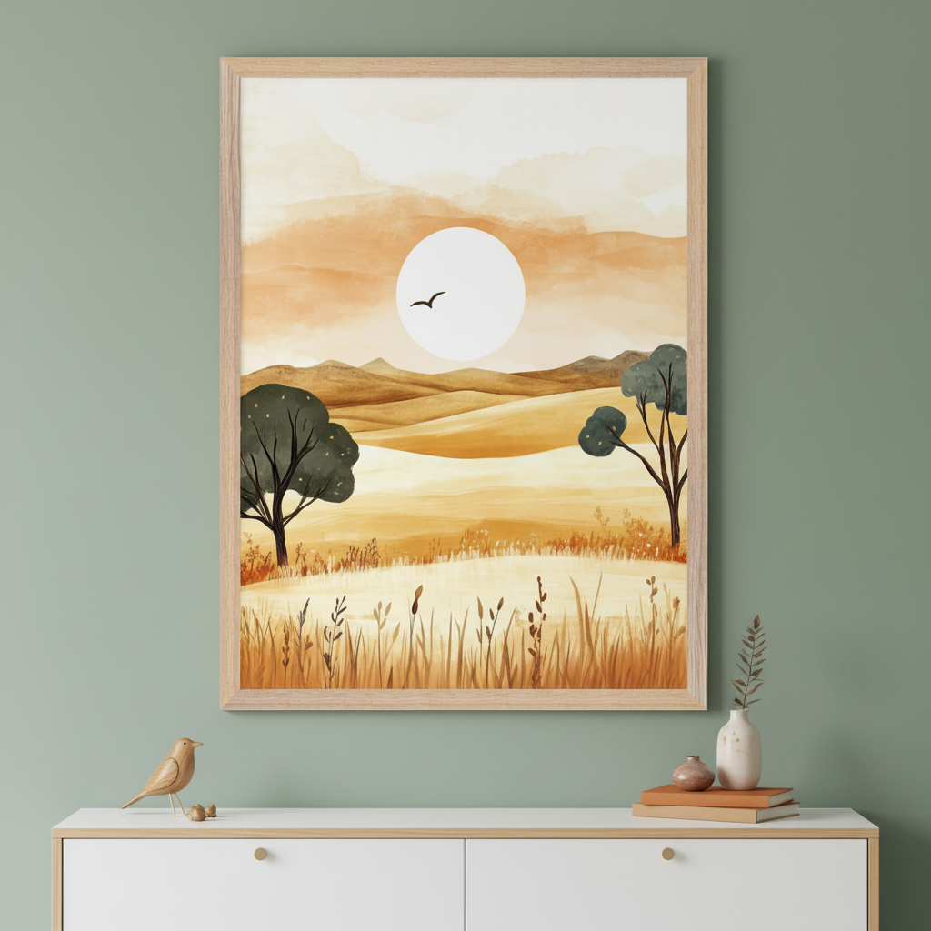 Framed artwork of a minimalistic landscape painting featuring rolling golden hills, sparse green trees, and a large white sun in an orange-hued sky with a small bird silhouette. The painting hangs above a modern white console table with simple decor, set against a soft green wall.