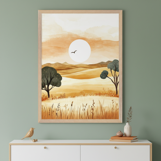 Framed artwork of a minimalistic landscape painting featuring rolling golden hills, sparse green trees, and a large white sun in an orange-hued sky with a small bird silhouette. The painting hangs above a modern white console table with simple decor, set against a soft green wall.