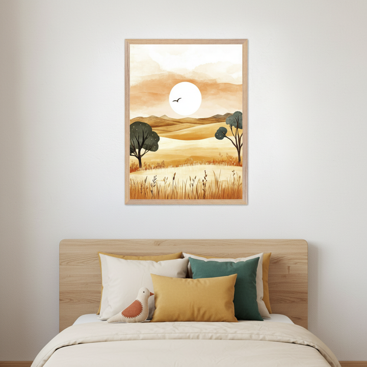 Kid's bedroom with a wooden headboard and bed. Above the bed hangs a framed watercolor painting of an orange landscape with rolling fields, dark trees, an orange sky, and a white sun/moon with a flying bird.