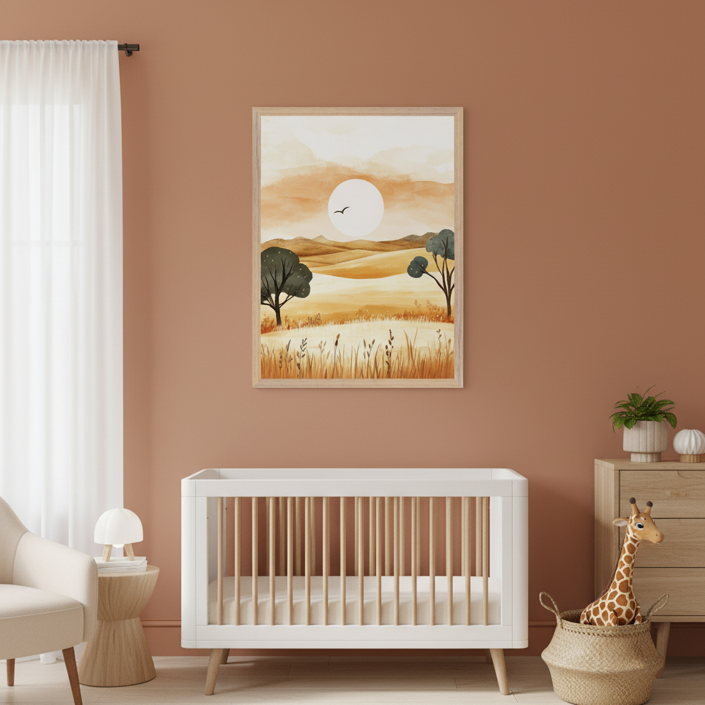 Modern nursery with a white crib against a terracotta wall. A framed watercolor painting of an African savanna with a sunset, rolling hills, trees, and golden fields hangs centered above the crib.