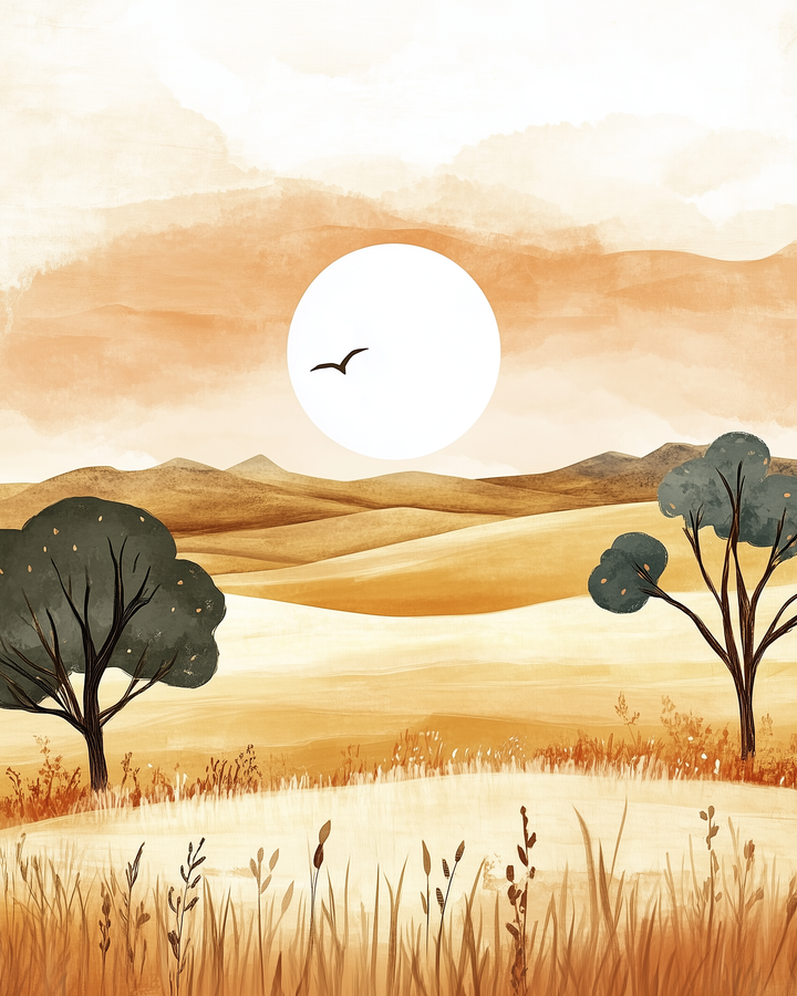 A large, glowing sun hovers over golden rolling hills with a single bird in flight and two trees in the foreground, framed by tall grass and a softly painted sky.
