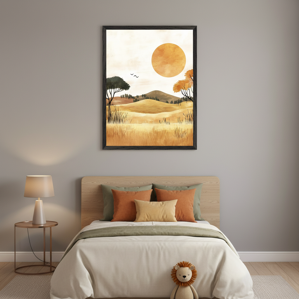 Modern bedroom with a light wood bed, white duvet, and orange/green pillows. A large framed print of a stylized landscape with an orange sun, golden hills, dark trees, and flying birds hangs centered above the bed. A side table with a lamp is to the left.