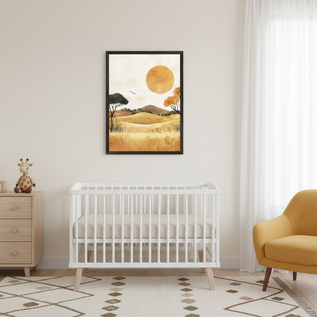 Modern nursery with a white crib, light wood dresser, and yellow armchair. A framed illustration of a savanna with golden fields, hills, trees, and a large orange sun hangs above the crib.