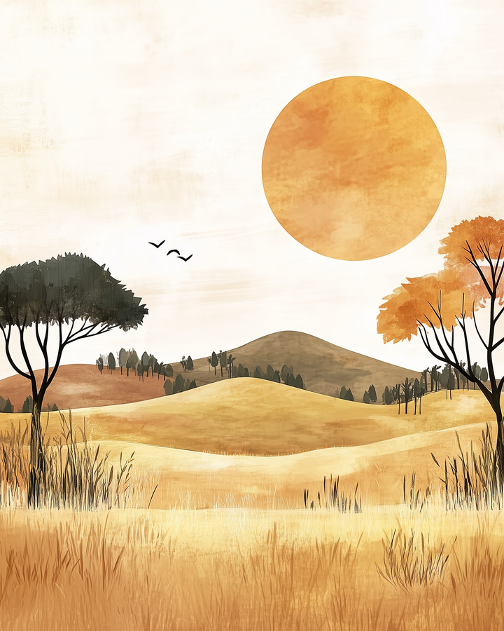 A giant orange sun fills the sky above a peaceful savanna scene, with scattered trees, golden grass, and two birds flying near a distant hill.
