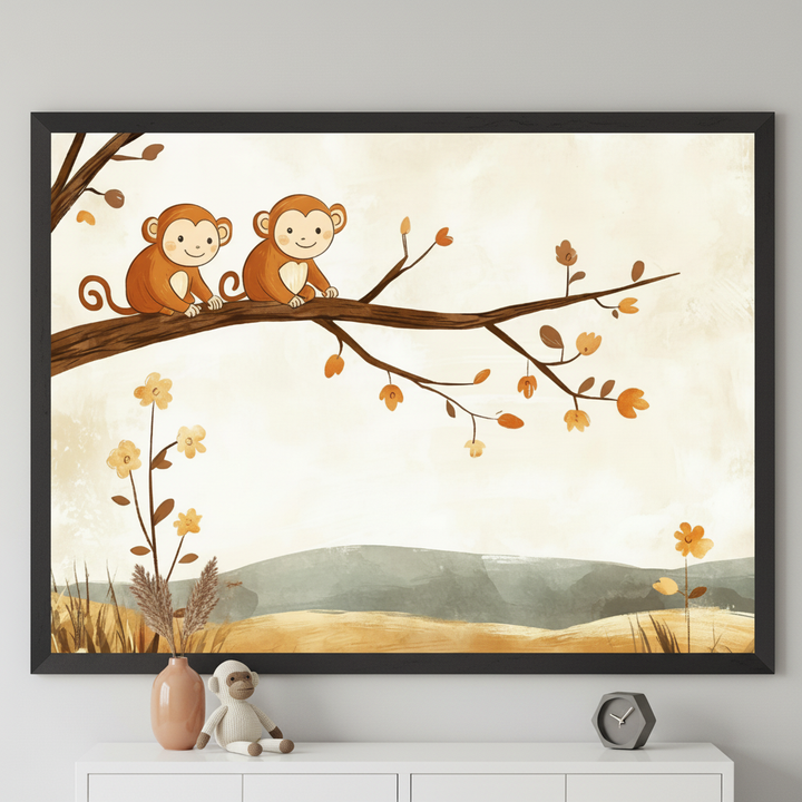 Framed artwork of two smiling cartoon monkeys sitting on a tree branch with autumn leaves, set against a soft beige background with hills in the distance. Displayed above a white cabinet with a peach-colored vase of dried grasses, a stuffed monkey toy, and a small modern clock, creating a playful and warm decor vibe.