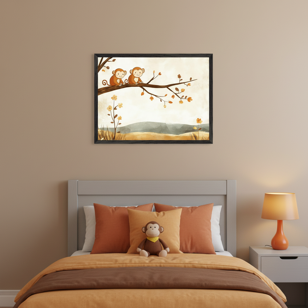 Kid's bedroom with a gray-headed bed, orange bedding, and a stuffed monkey. A black-framed picture of two cartoon monkeys on a tree branch in an autumn landscape hangs above the bed. A gray nightstand with an orange lamp is beside the bed.