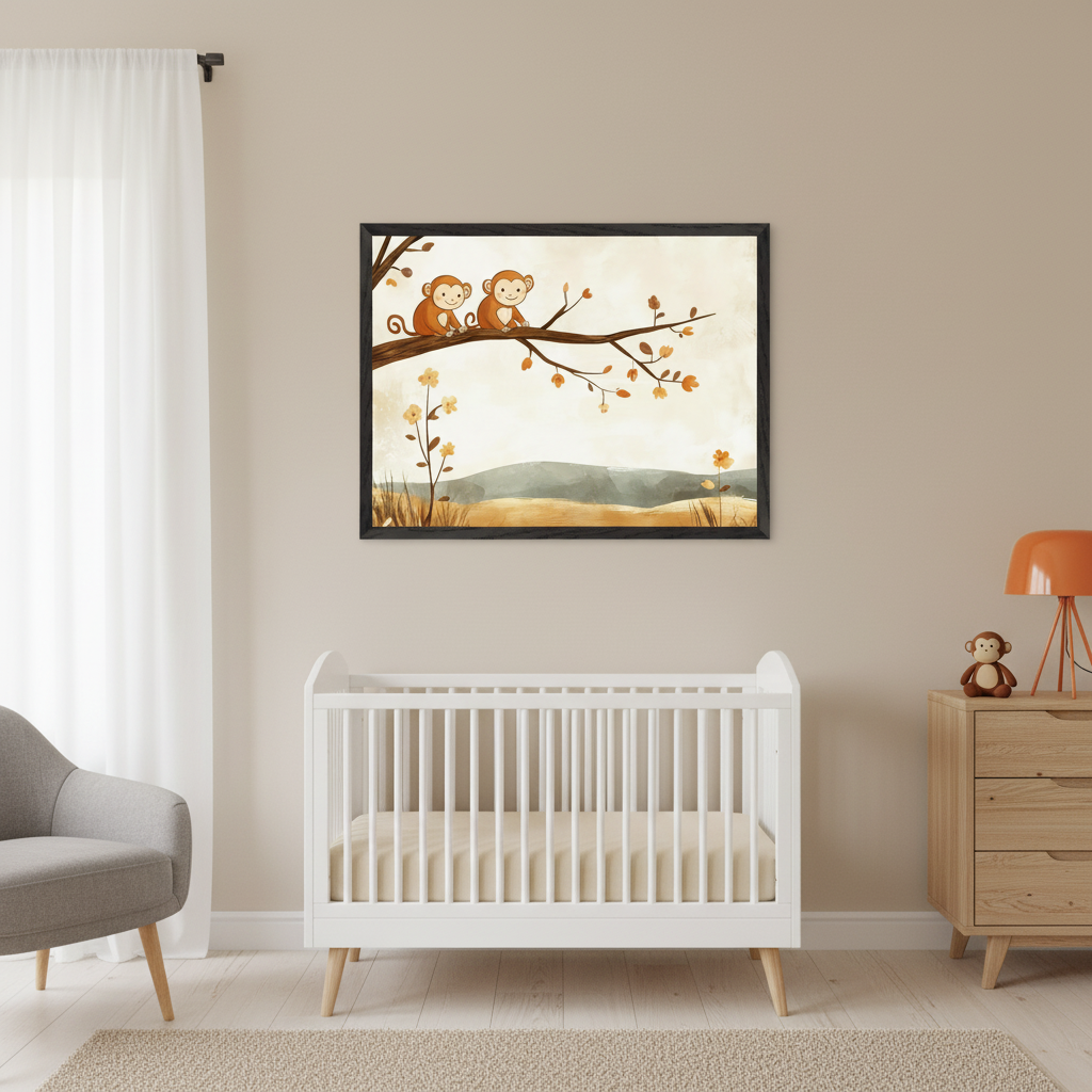 Modern nursery with a white crib and wooden dresser. A large black-framed print of two cartoon monkeys on a tree branch in a landscape setting hangs centrally above the crib. A gray armchair is on the left.