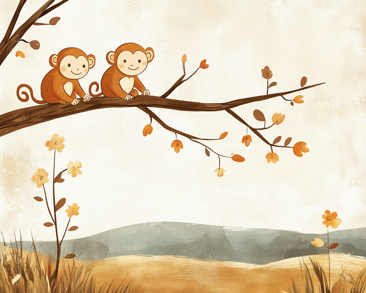Two cartoon monkeys with friendly expressions sit side by side on a flowering tree branch, looking out over soft hills under a light, neutral sky.
