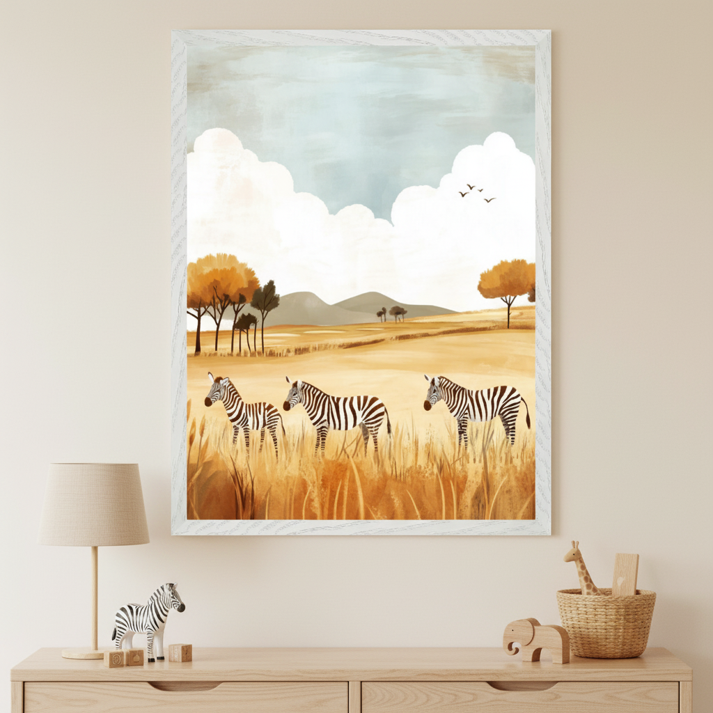 Framed wall art of four zebras standing in a golden grassland with soft hills, scattered trees, and a pastel sky with fluffy clouds and flying birds. The artwork is displayed above a wooden dresser with neutral-toned safari-themed decor, creating a warm and whimsical nursery setting.