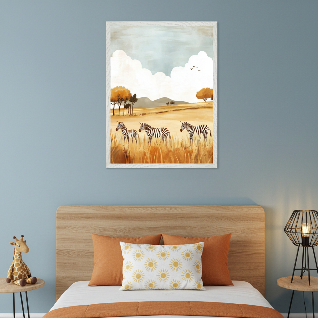 Kid's bedroom with a wooden bed. A framed illustration of an African savanna scene with three zebras in golden grass, trees, and a cloudy sky hangs centered above the bed.