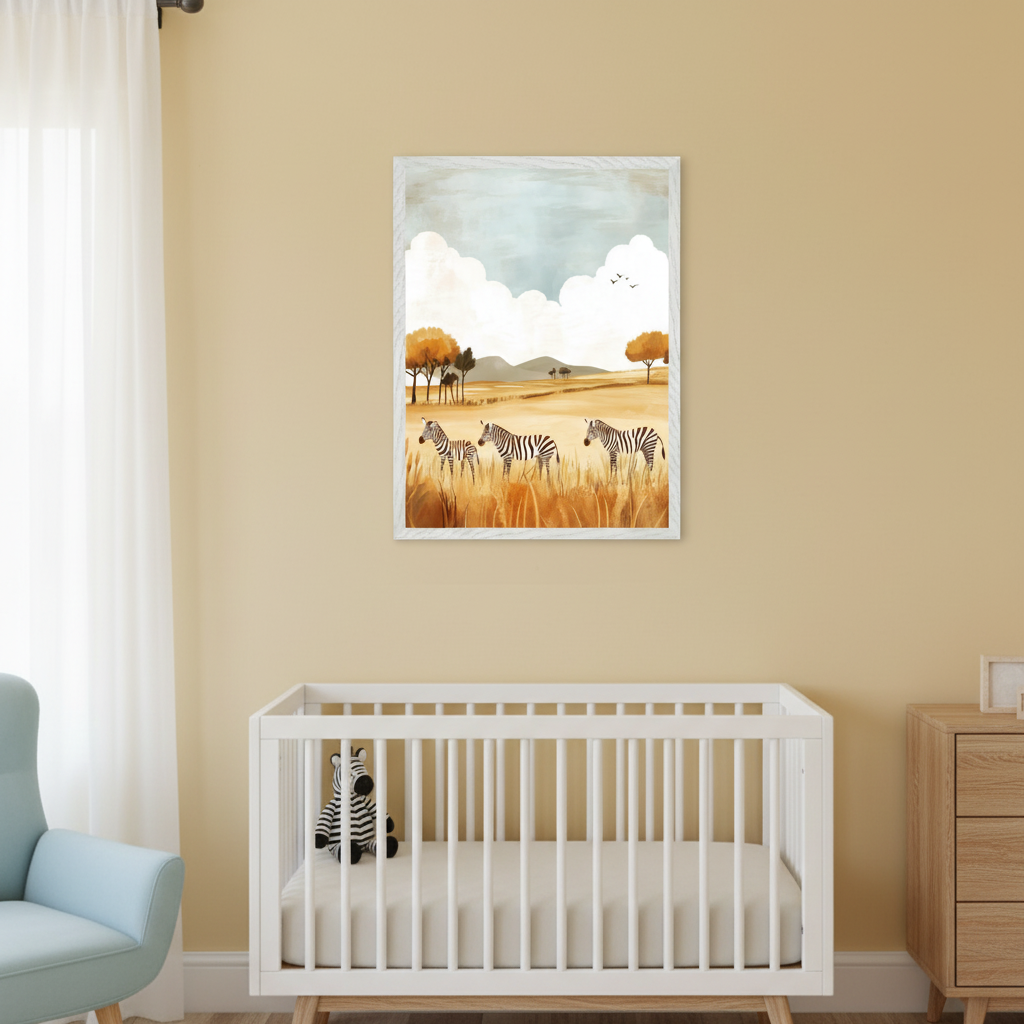 Modern nursery with a white crib, light blue armchair, and wooden dresser. Centered on the tan wall above the crib is a framed painting of three zebras in a golden field under a cloudy sky.