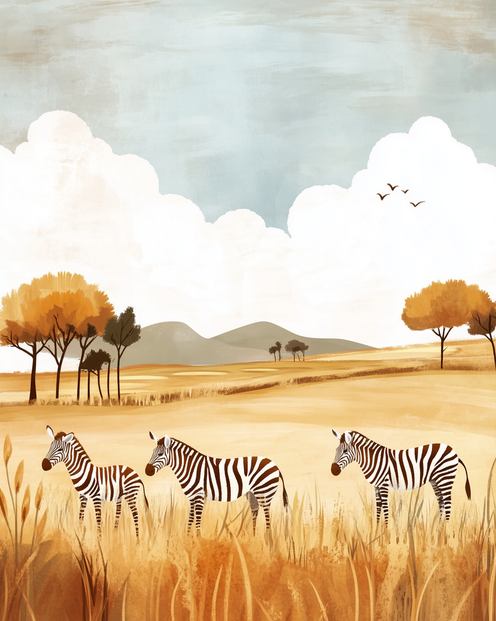 Three zebras stand in tall golden grass beneath a sky of puffy white clouds, with trees dotting the landscape and mountains in the distance.
