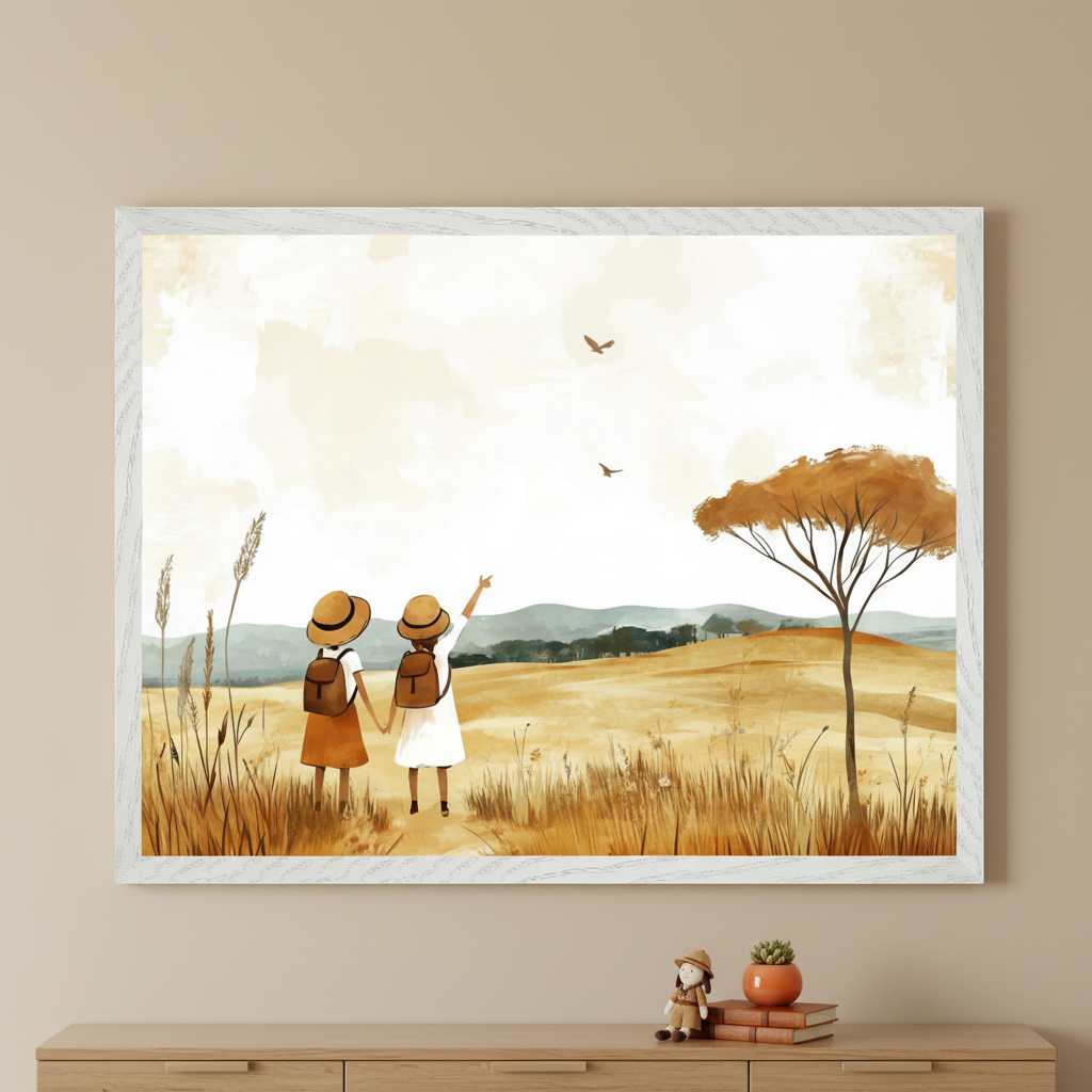 A framed art print shows two young girls holding hands in a golden field, both wearing sun hats and backpacks, with one pointing toward birds flying in the sky. The scene is softly painted with warm earth tones, featuring tall grasses, a lone tree, and distant hills under a pale sky, creating a nostalgic and adventurous mood.