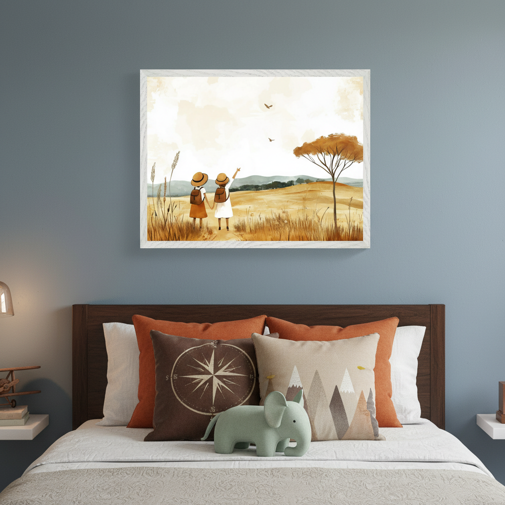 Kid's bedroom with a wooden bed and neutral-toned bedding. A large framed watercolor painting of two children looking at birds in a savanna landscape hangs above the bed. The bed features orange, brown compass, and mountain-patterned pillows, with a mint green elephant toy.