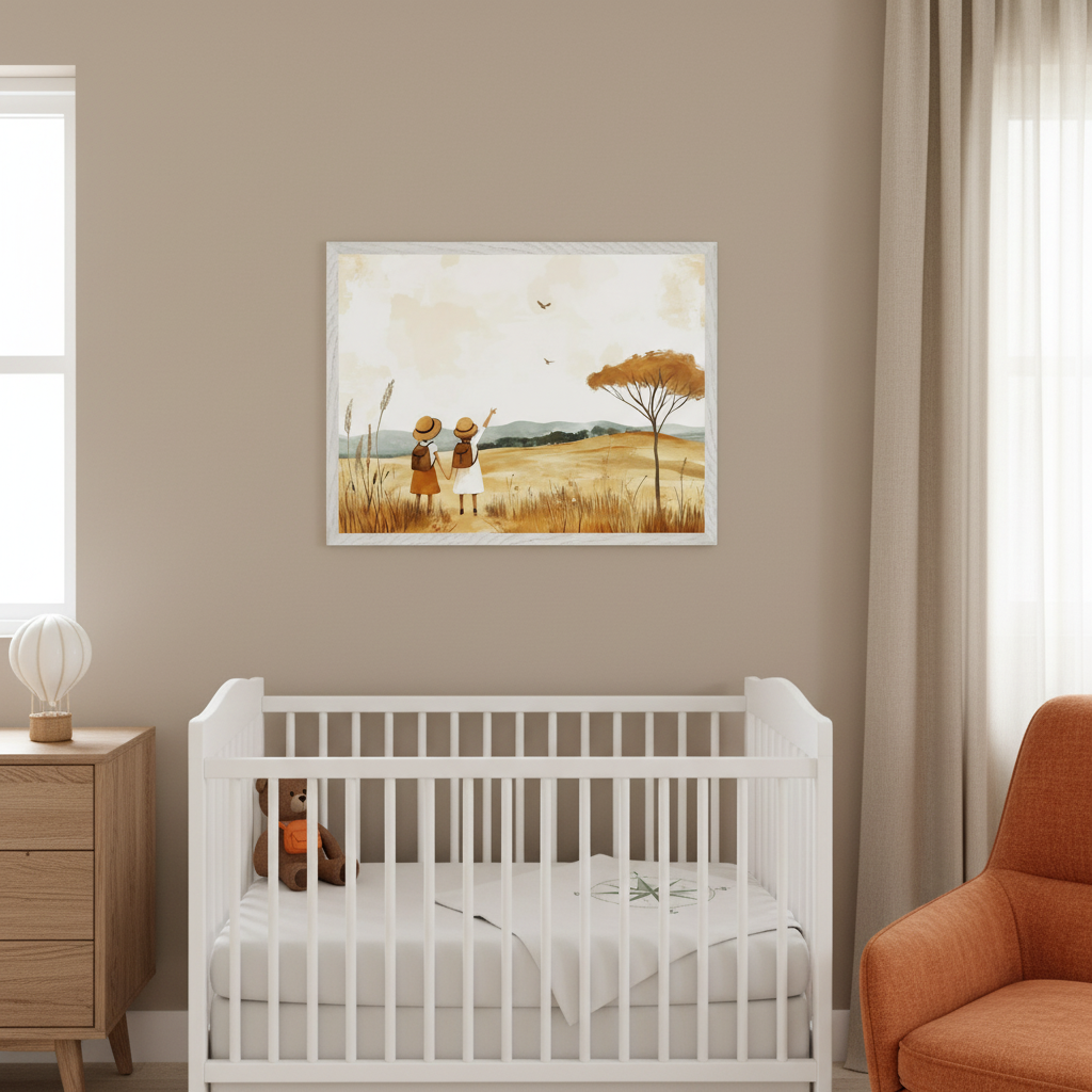 Modern nursery with a white crib, wooden dresser, and orange armchair. A framed illustration of two children in hats looking at a landscape with a tree and birds hangs centered above the crib on a beige wall.
