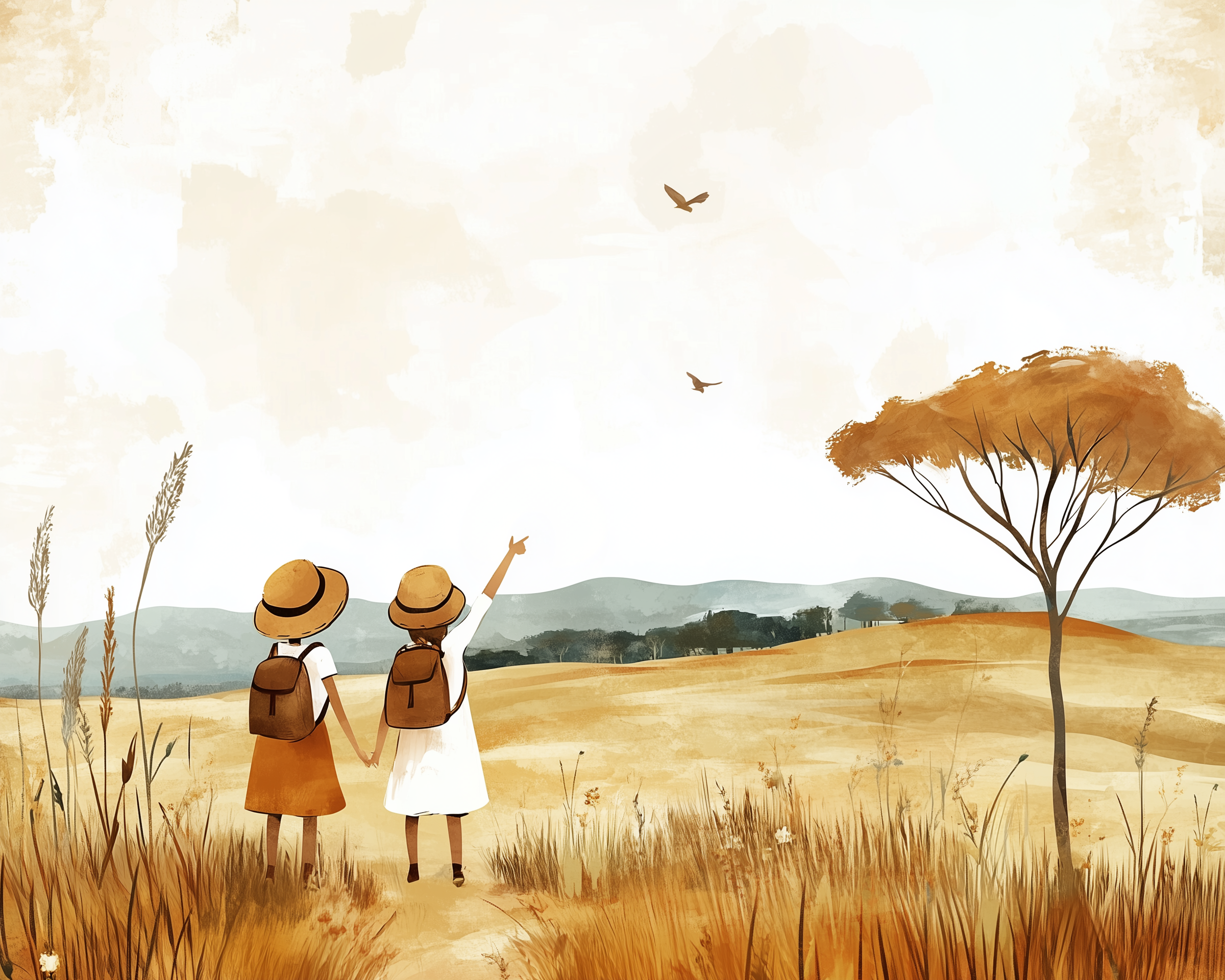 Two children holding hands gaze at flying birds in the distance, standing in a golden field with backpacks and sun hats, surrounded by tall grass and scattered trees.
