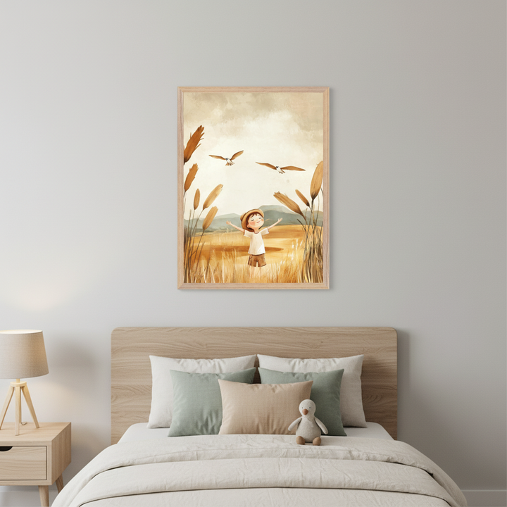 Modern bedroom with a wooden headboard and bed. A framed illustration of a child with arms outstretched in a golden field with birds flying above hangs centered over the bed. A light wood nightstand with a lamp is to the left.