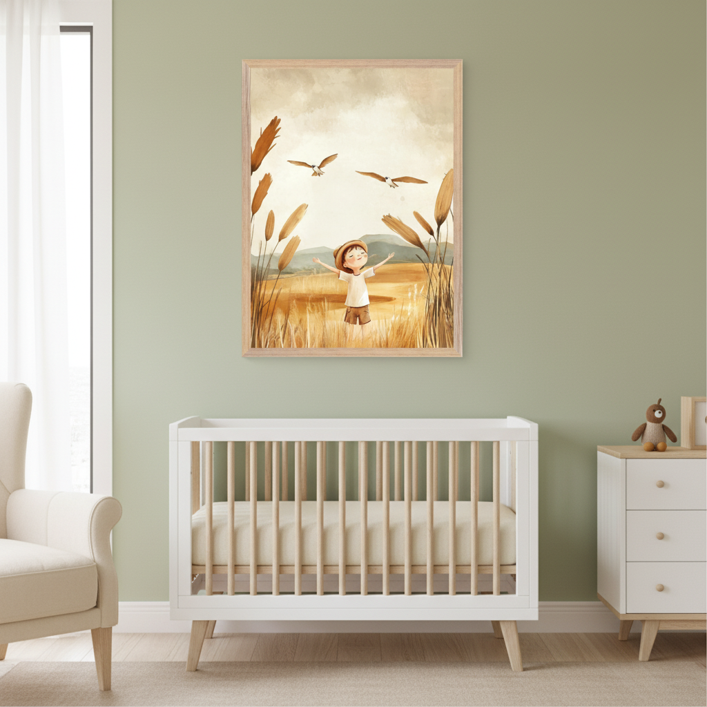 Modern nursery with a white crib, beige armchair, and light wood dresser. A framed watercolor print of a child with outstretched arms in a golden field with flying birds hangs above the crib.
