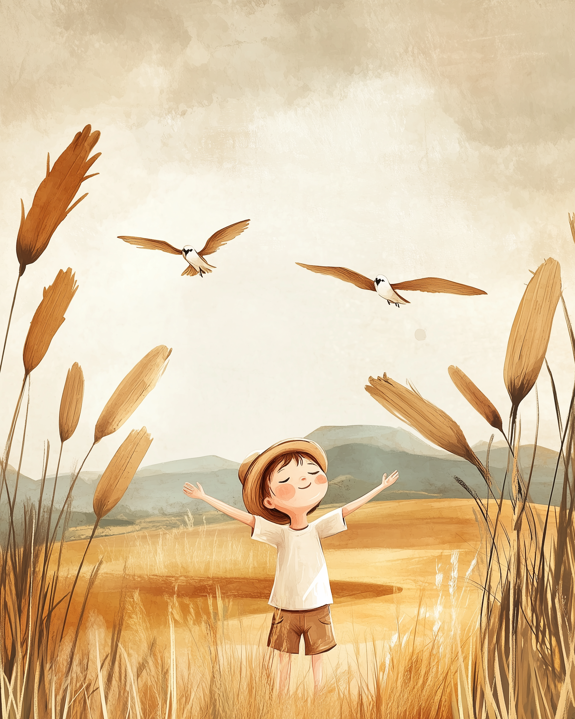 A joyful child stands with arms open in a golden field, surrounded by tall plants and flying birds, with soft hills and a bright sky in the background.

