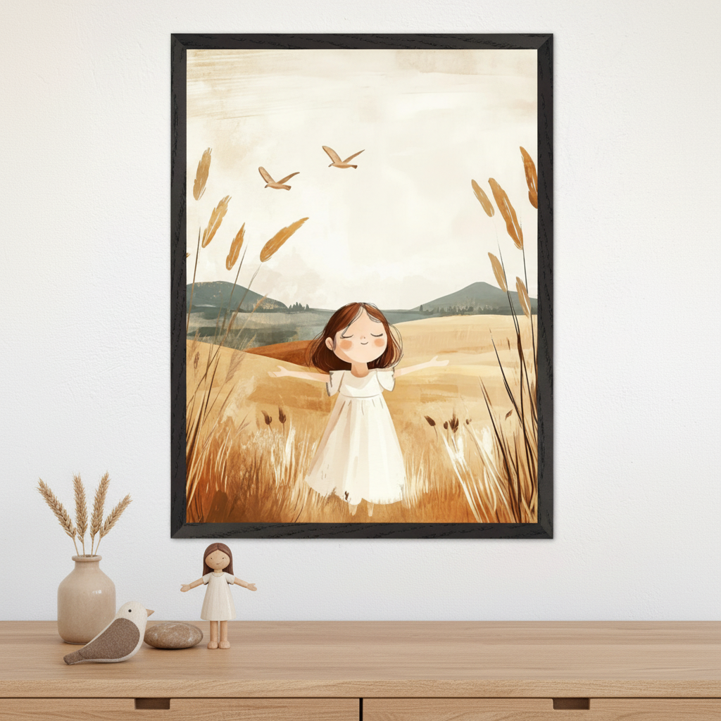 Framed illustration of a young girl in a white dress standing in a golden wheat field with arms outstretched and eyes closed, surrounded by tall grasses and birds flying overhead. The artwork is displayed above a wooden table with matching soft-toned decor, including a doll that resembles the girl in the painting.